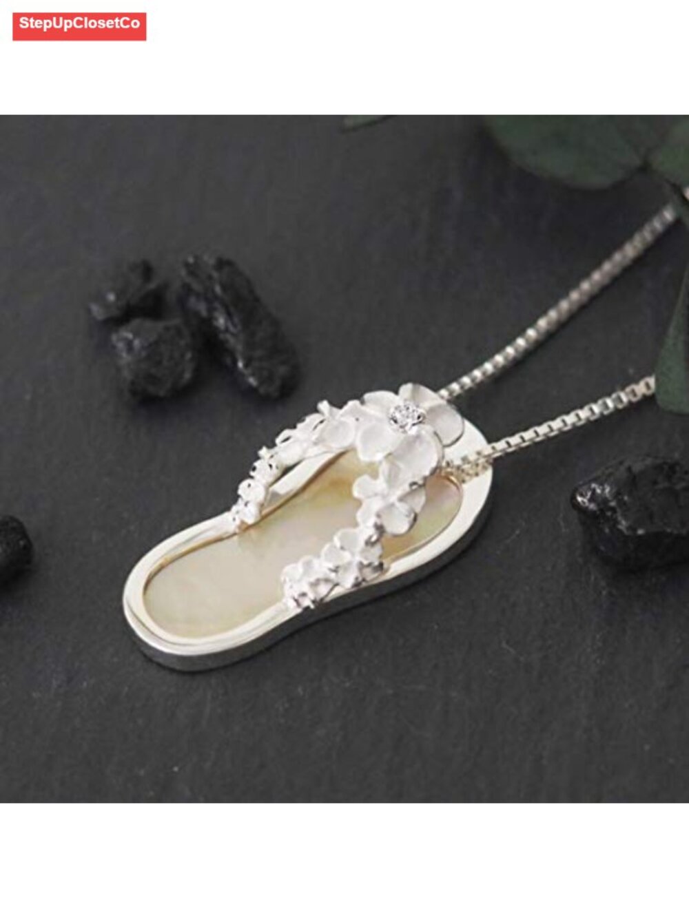 Sterling Silver Shell Slipper Flip Flop Pendant Necklace 16-18" - Picture 4 of 6